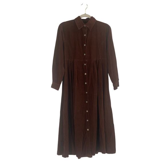 Fads Vintage Corduroy Velour Maxi Long Sleeve Dress Brown Country Western Small - Picture 2 of 13